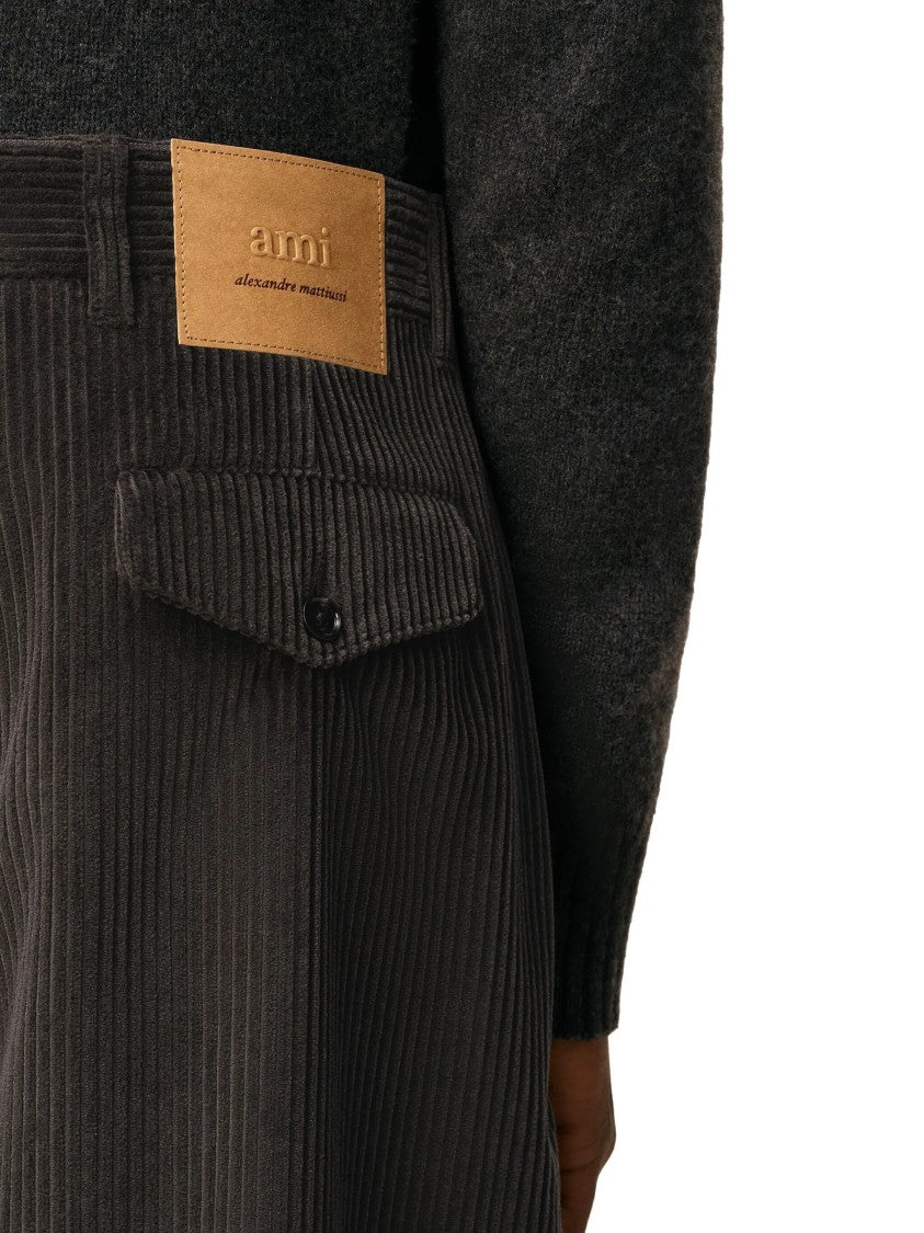 Ami Charcoal Grey Corduroy Pleated Cuffed Trousers