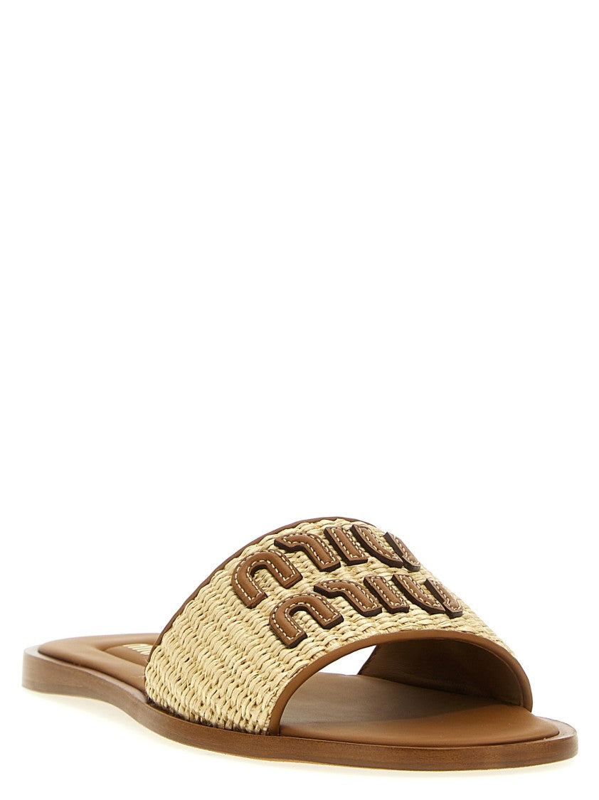 Miu Miu Woven Raffia Sandals With Stitched Leather Logo
