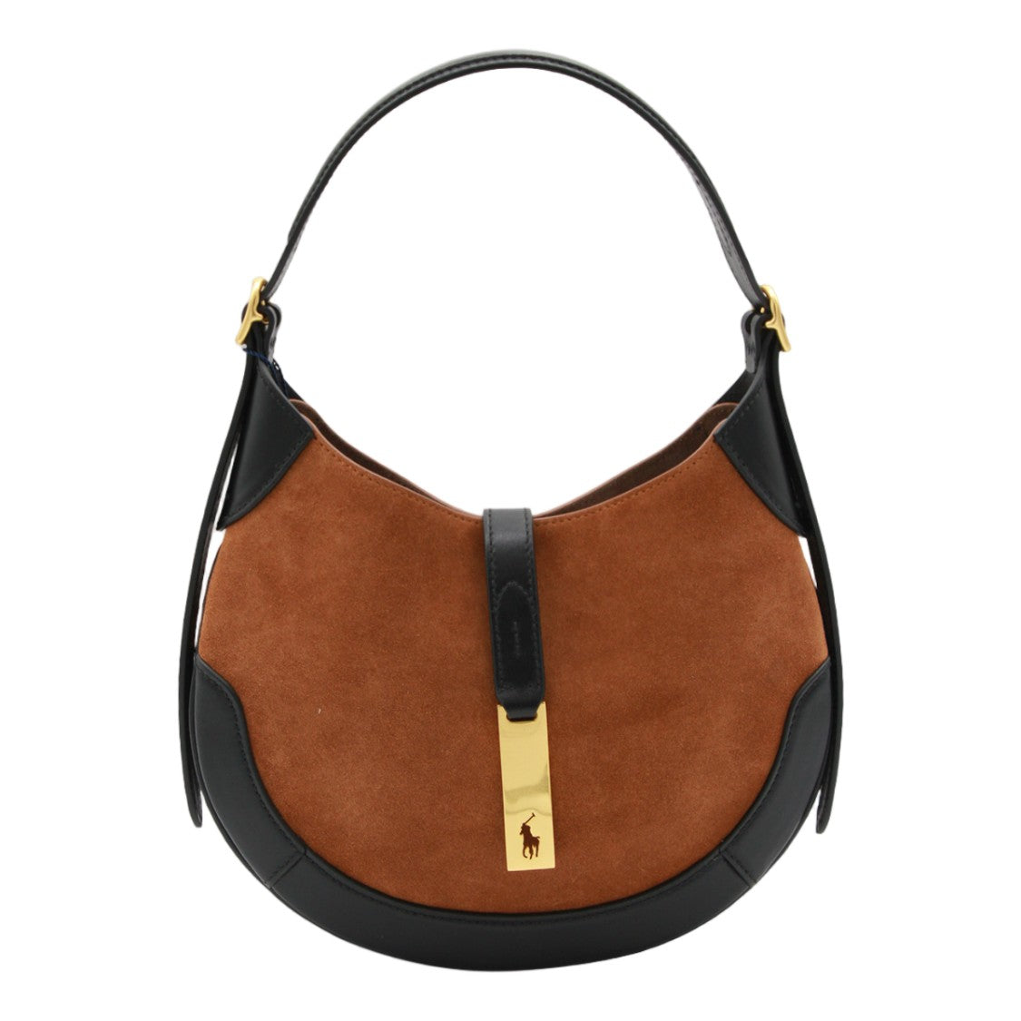 Polo Ralph Lauren Crescent-Shaped Brown Suede Handbag With Gold Accents