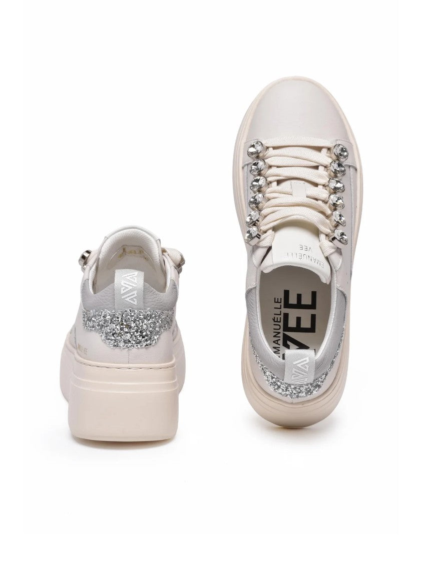 Emanuélle Vee White/Grey Glitter Leather-Blend Chunky Sneakers