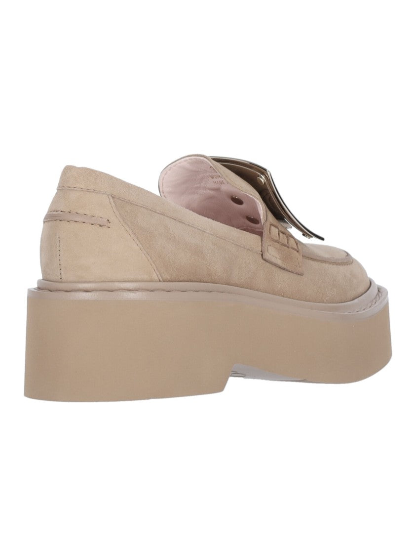 Roger Vivier Suede Beige Slip-On Moccasins With Silver Buckle Detail