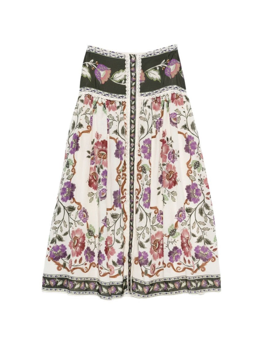 Farm Rio Multicolor Wide Floral-Trimmed Midi Skirt