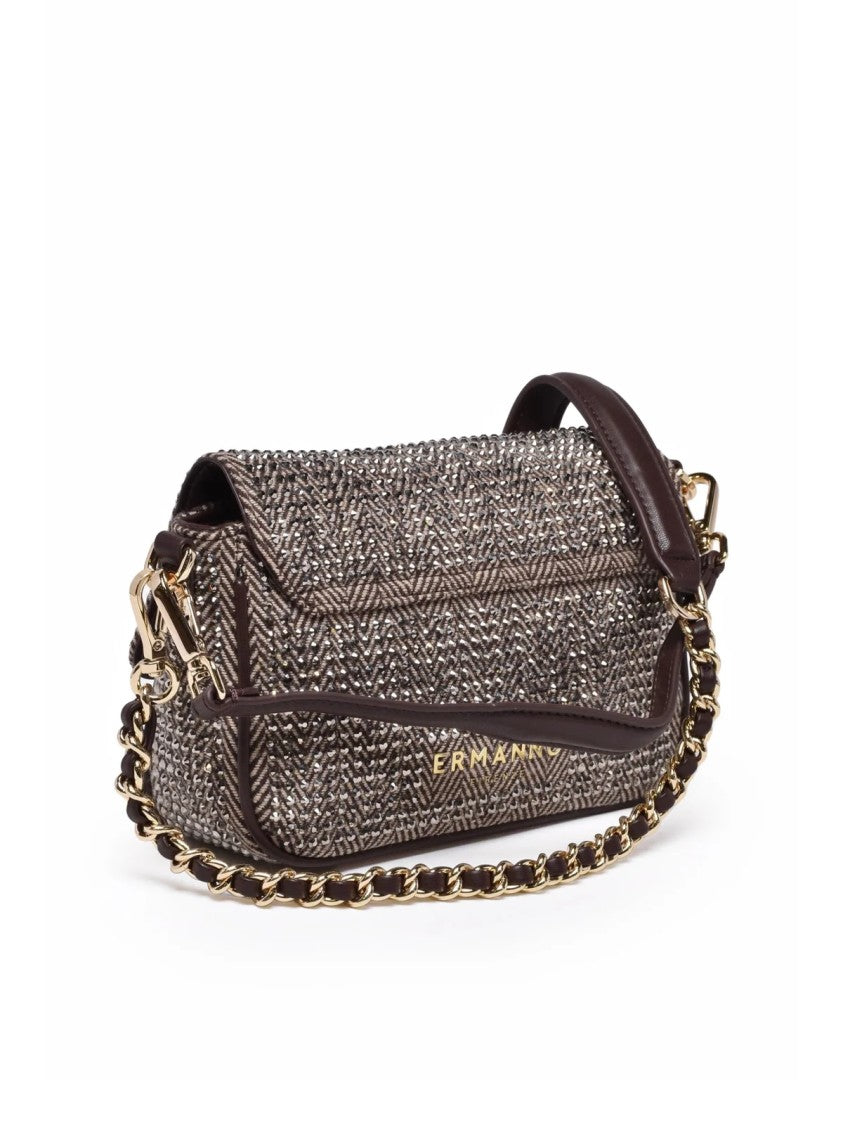 Ermanno Firenze Verly Shoulder Bag In Textured Brown With Rhinestone Accents