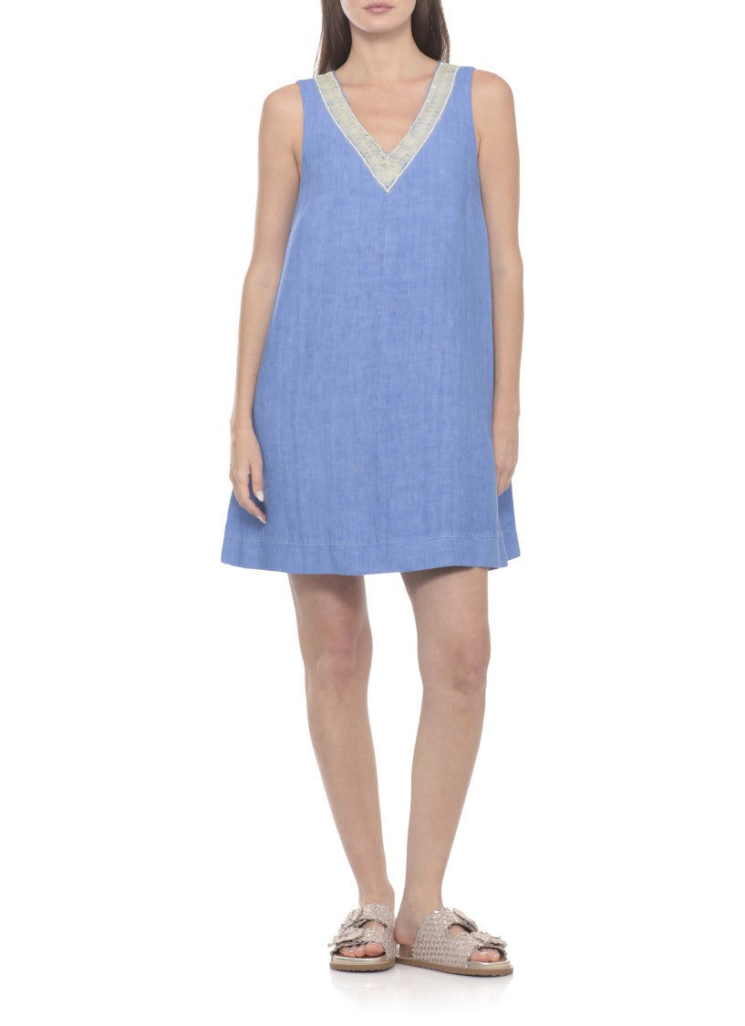 120% Lino V-Neck Linen Dress With Sequined Embellishments And Cut-Out Detail