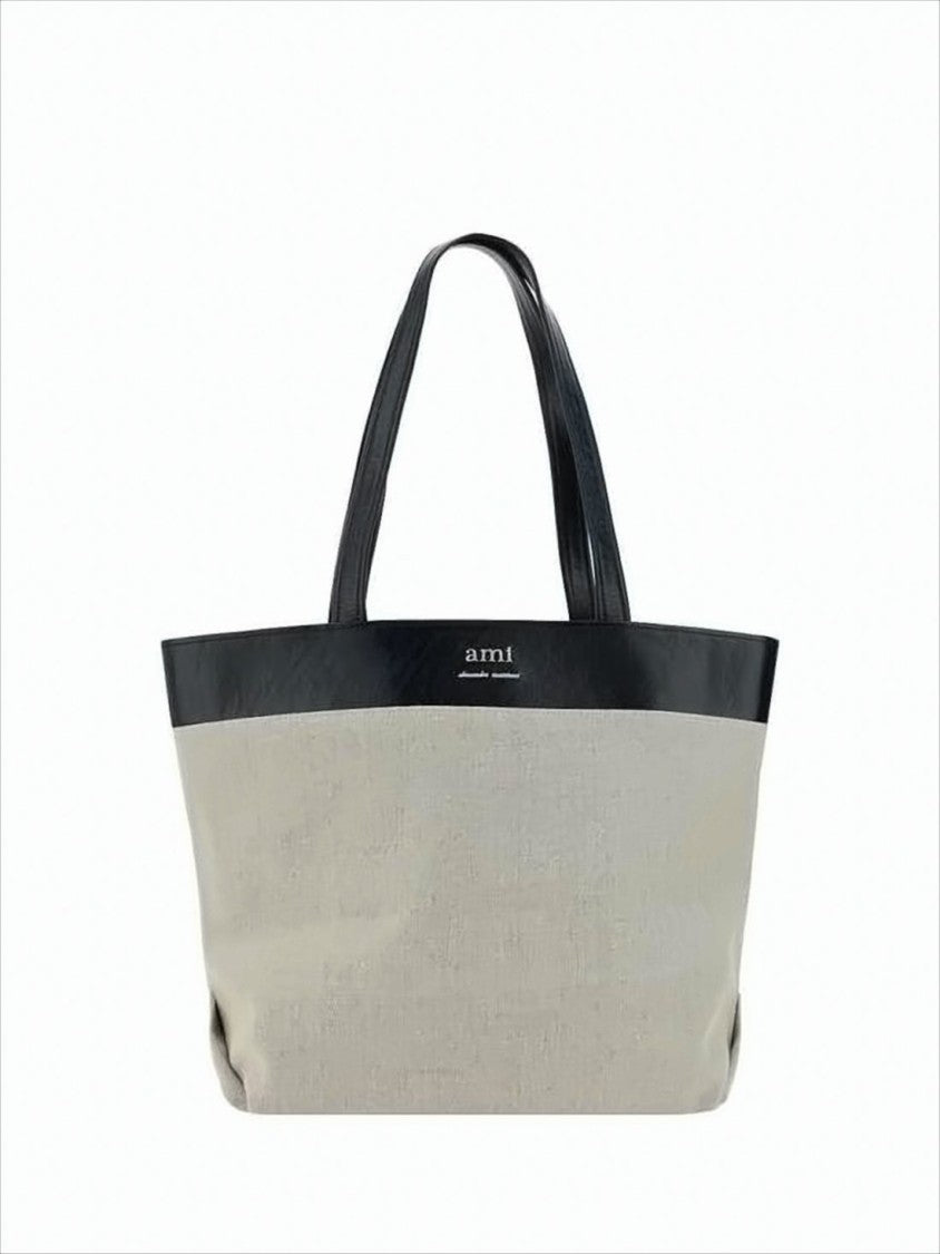 Ami Paris Beige Canvas Tote Bag With Black Leather Trim