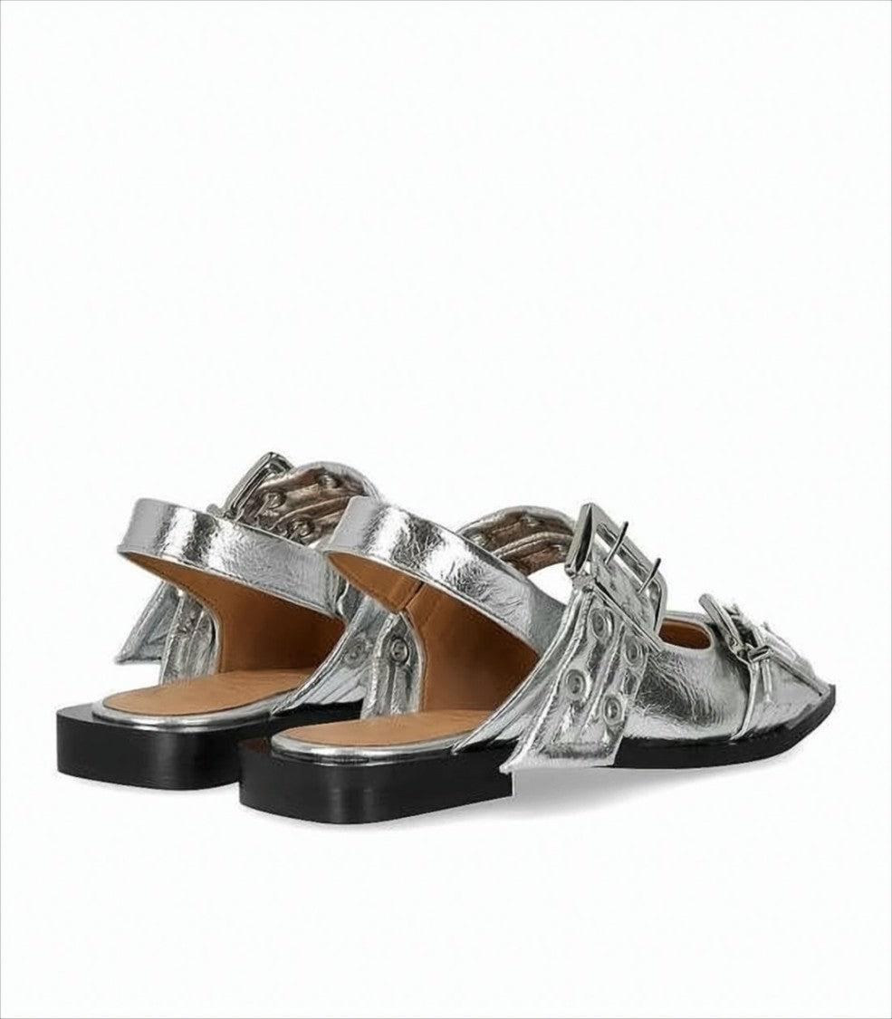 Ganni Pointed Toe Flats With Buckle Detail And Metallic Finish