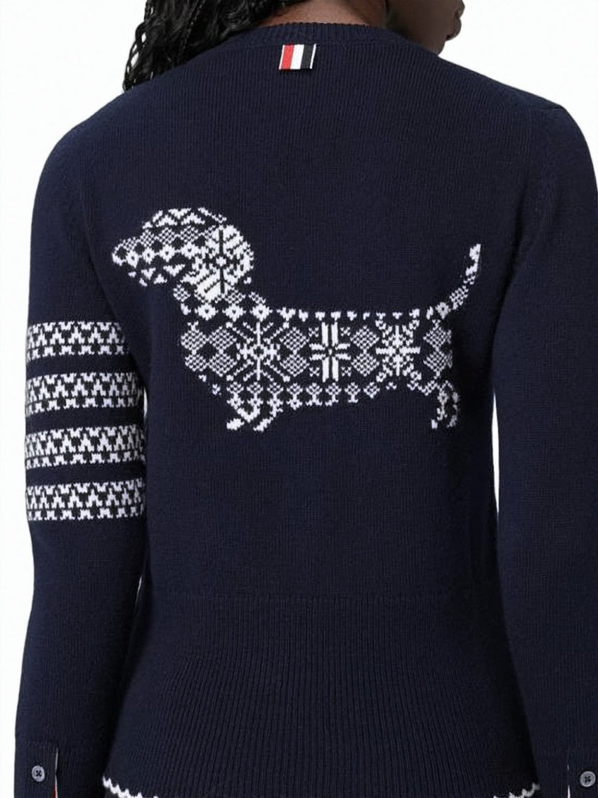 Thom Browne Fitted Blue Knit Sweater With Intricate Motif