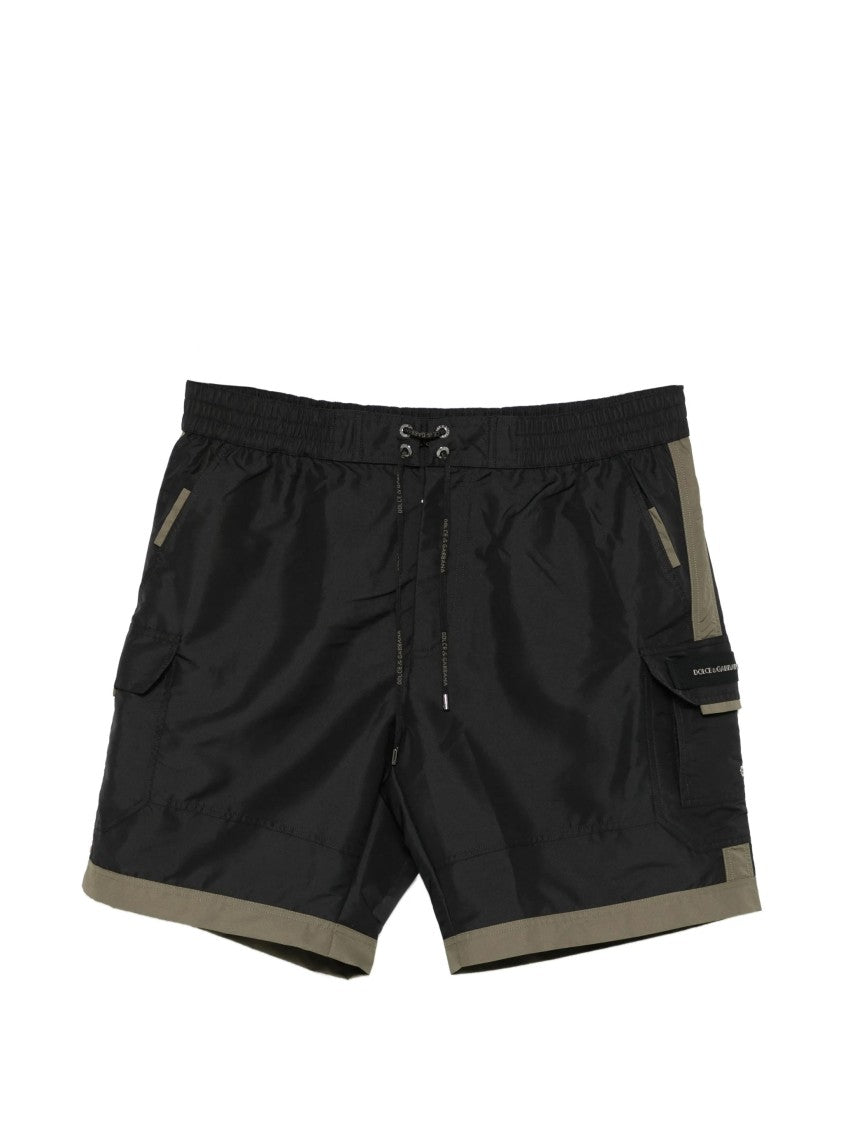 Dolce & Gabbana Black Mid-Length Olive Trim Utility Shorts