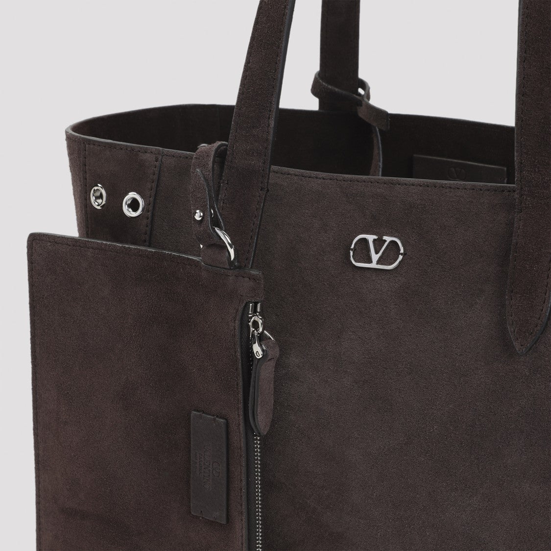 Valentino Garavani Spacious Brown Leather Shopper Bag With Silver Studs