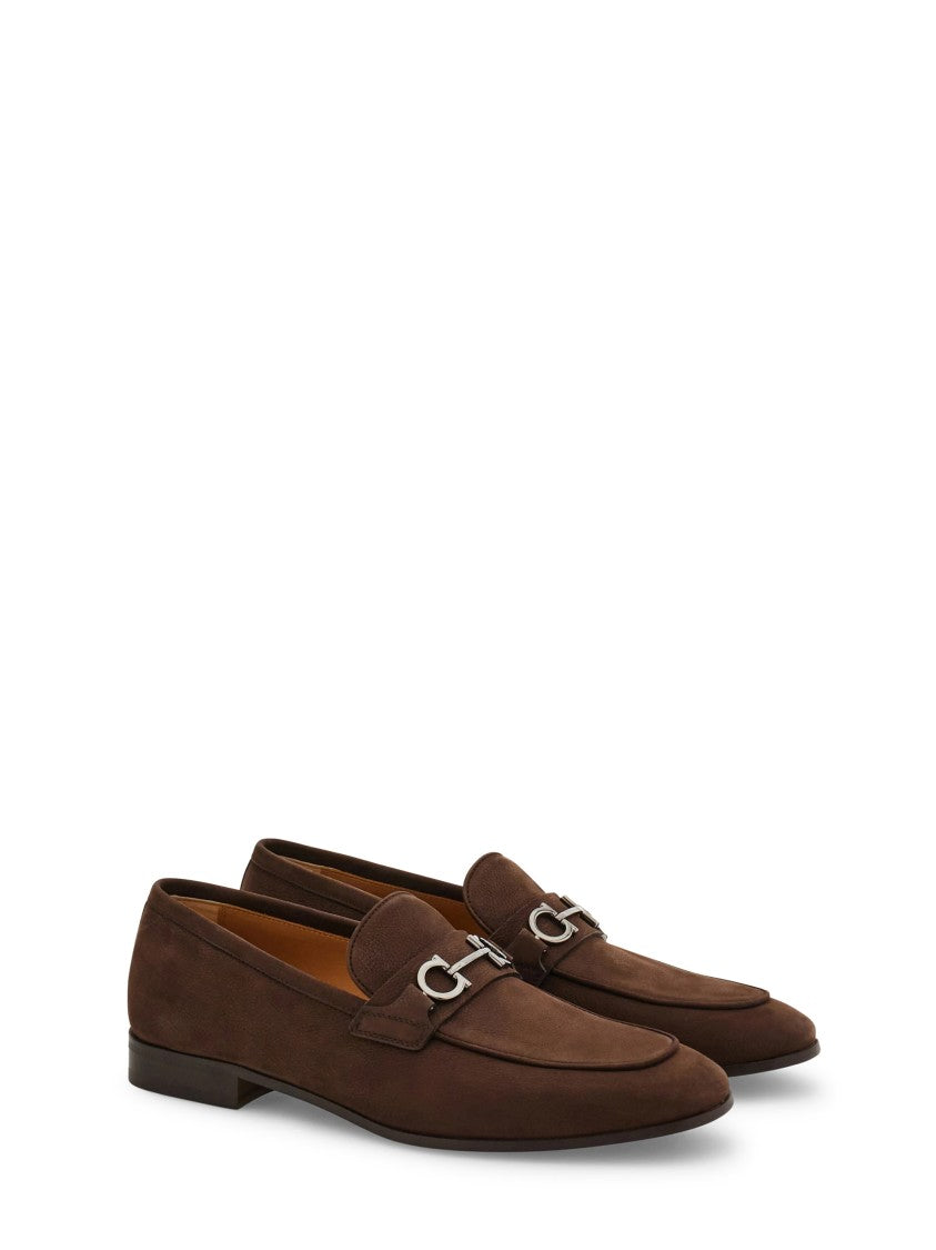 Ferragamo Elongated Brown Suede Shoes With Silver-Toned Detail