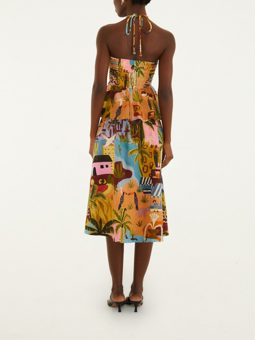 Farm Rio Multicolor Halterneck Ruffled Midi Dress