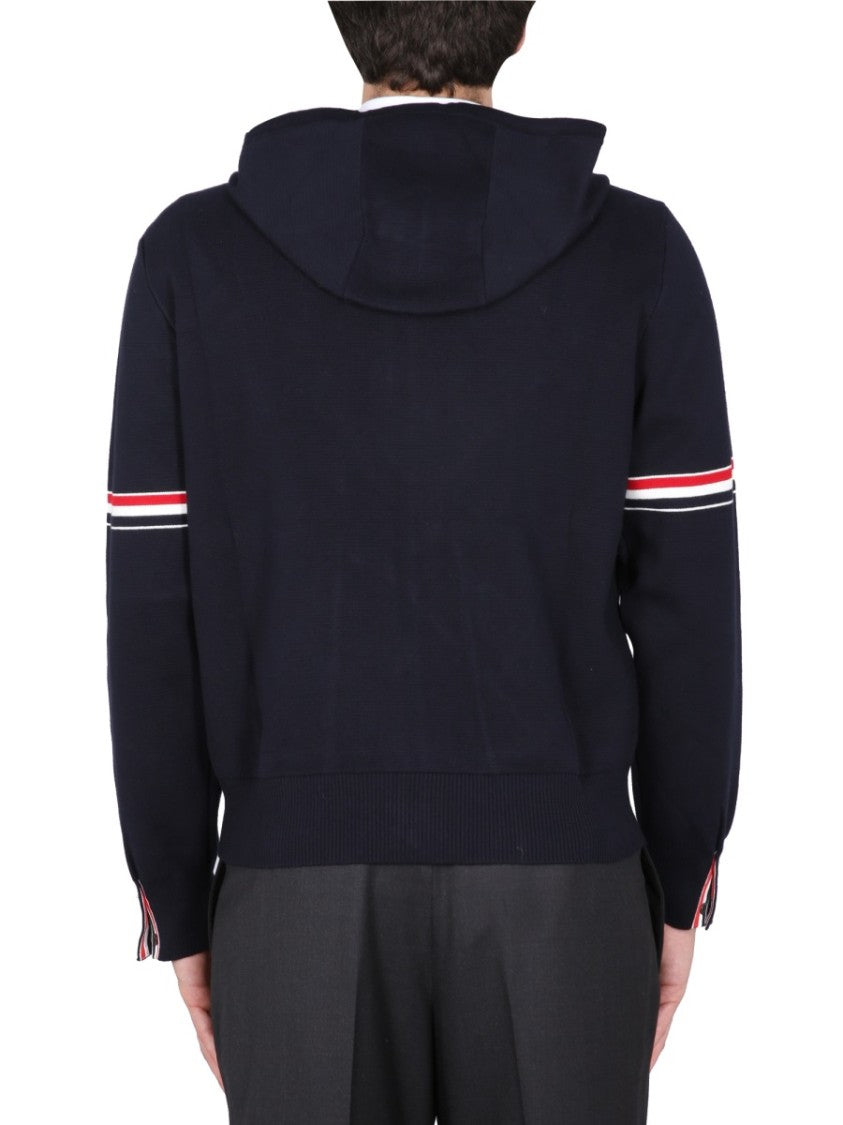 Thom Browne Zip-Up Hoodie With Drawstring And Contrast Stripes
