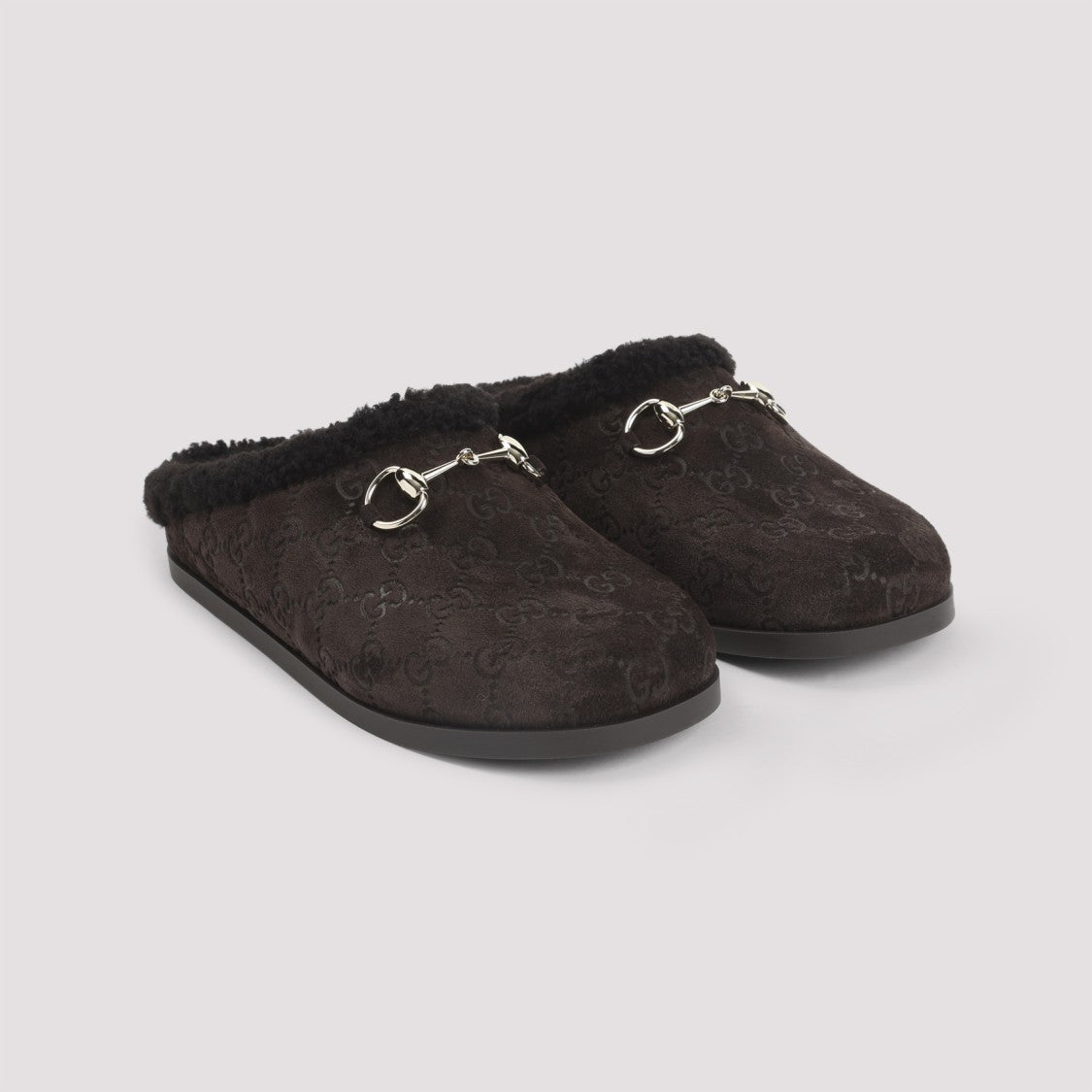 Gucci Soft Suede And Shearling Slip-On Mules With Metallic Detail