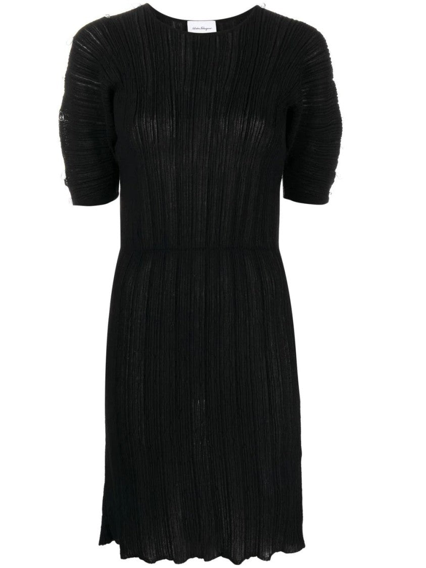 Salvatore Ferragamo Fitted Mini Dress With Textured Ribbed Fabric And Puffed Sleeves