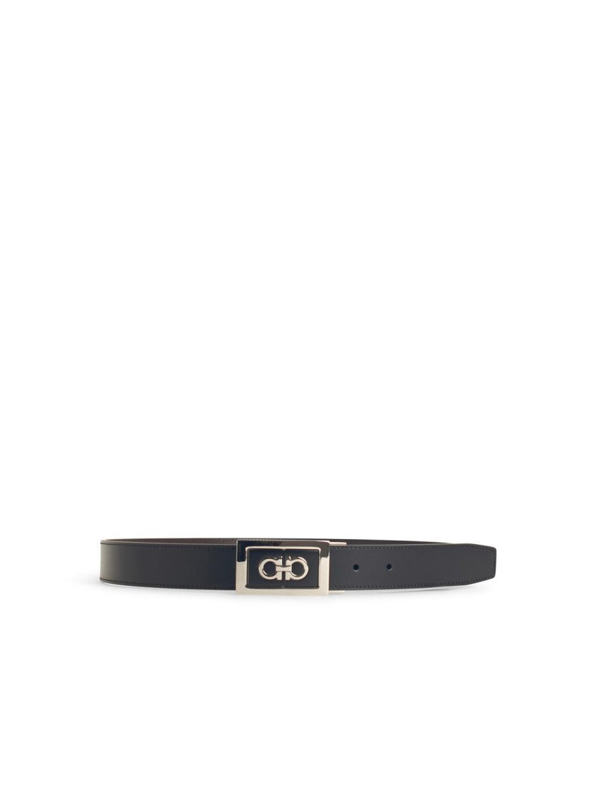 Salvatore Ferragamo Reversible Black Calfskin Leather Belt With Logo Medallion