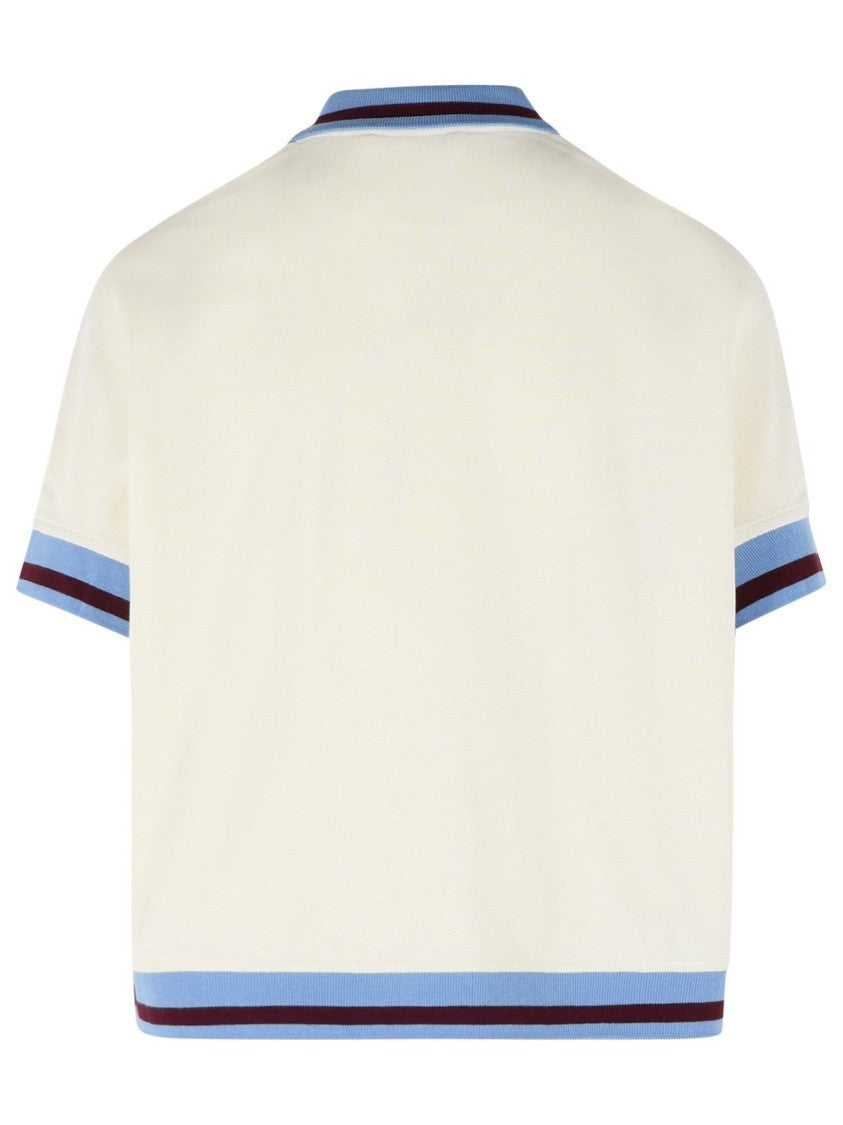 Marni Ivory Cotton Polo Shirt With Light Blue Collar And Burgundy Accents