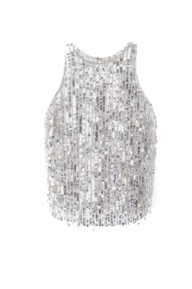 Elisabetta Franchi Sequined Halter Top With Fringe Detail And Silhouette