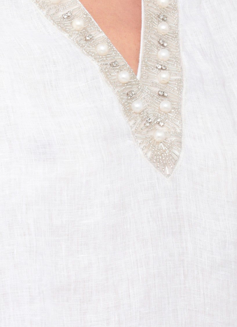120% Lino White Strass V-Neck Linen Blouse