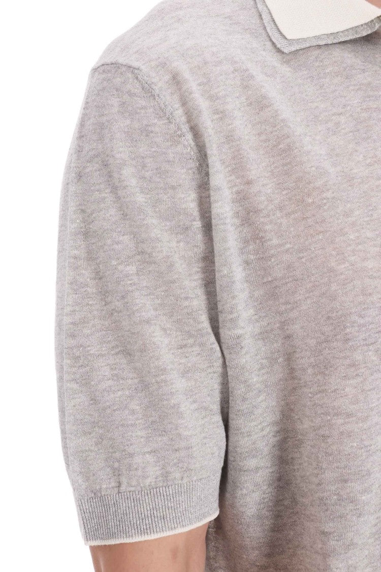 Eleventy Grey Linen-Cotton-Cashmere Double-Collar Polo Shirt