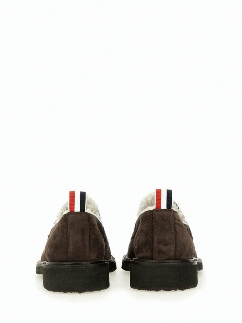 Thom Browne Dark Brown Suede Loafers With Shearling Lining And Tricolor Detail