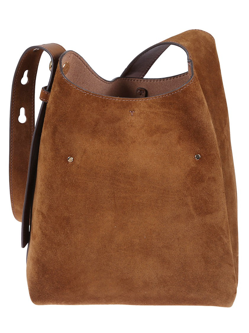 Tory Burch Structured Caramel Suede Bag With Hook Closure