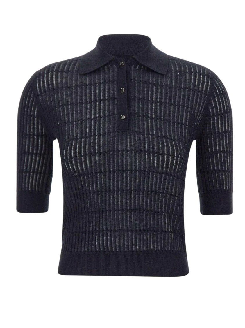 Max Mara Blue Ribbed Semi Sheer Polo Shirt