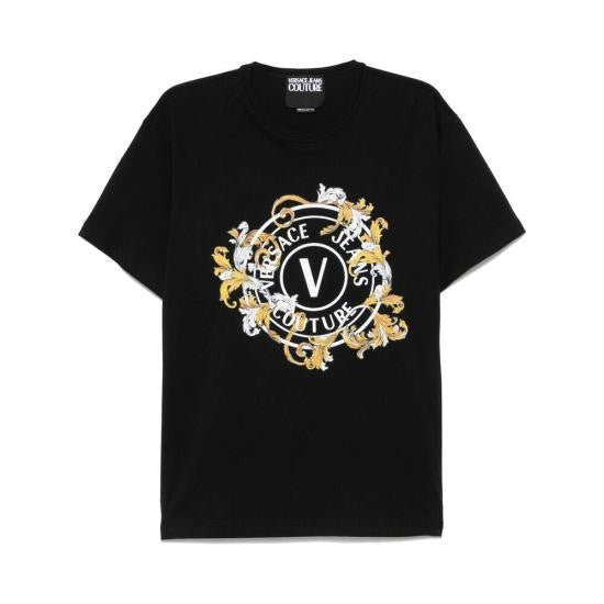 Versace Ornate Emblem Black Cotton T-Shirt With Crew Neck