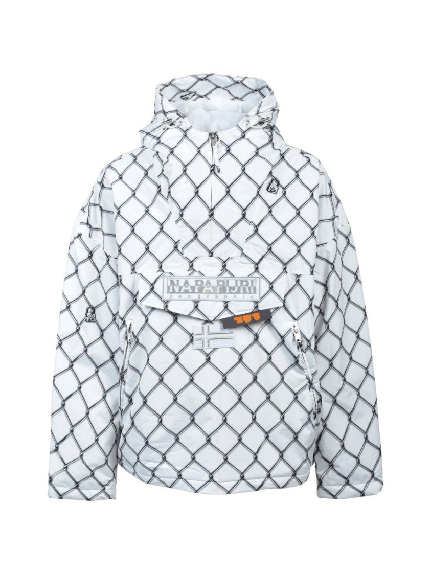 Napapijri Boxy White Jacket With Black Chain-Link Pattern And Hood