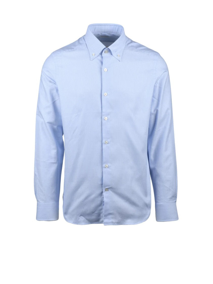 Ghirardelli Sky Blue Striped Cotton Shirt With Button-Down Collar