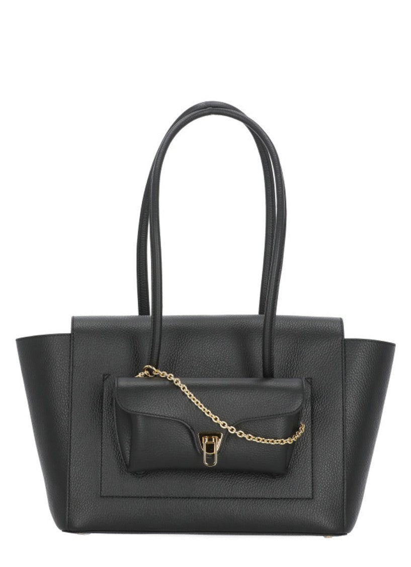 Coccinelle Large Pebbled Leather Shoulder Bag With Gold Hardware