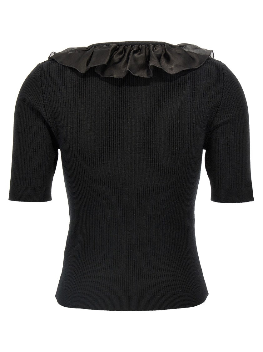 Alessandra Rich Ruffled Round Neck T-Shirt With Maxi Bow Detail