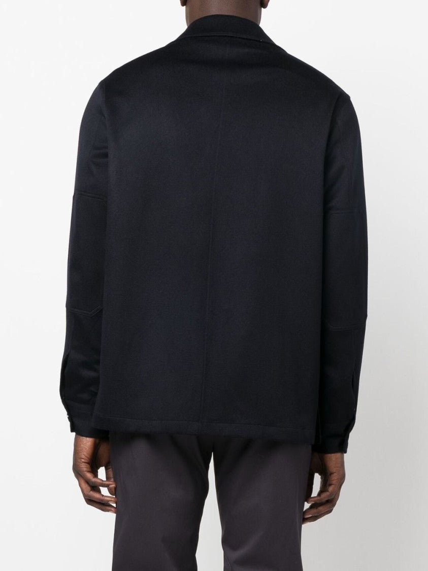 Zegna Navy Blue Cashmere Overshirt With Classic Collar And Flap Pockets