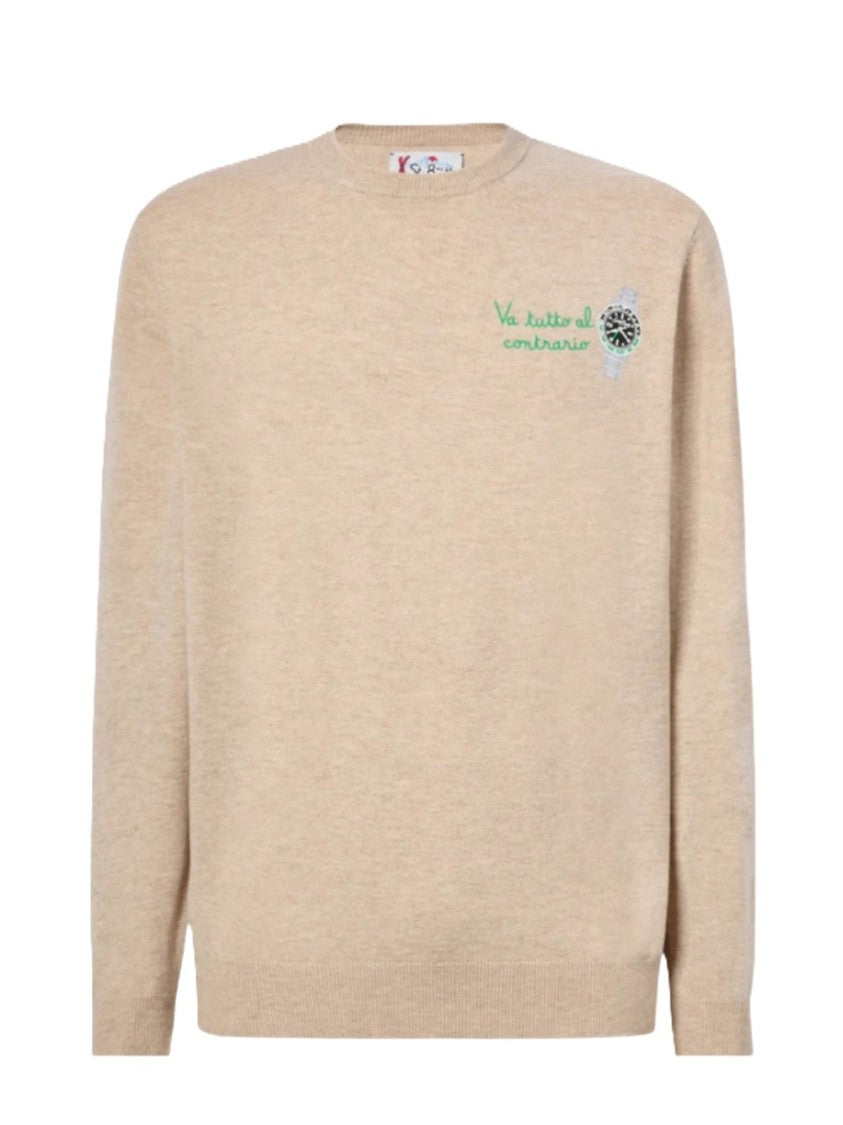 Mc2 Saint Barth Beige Crewneck Sweater With Embroidered Detail