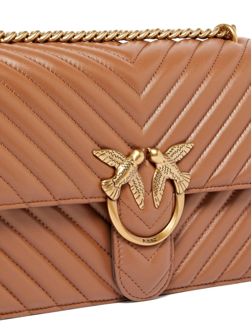 Pinko Chevron-Quilted Brown Shoulder Bag With Gold-Tone Clasp