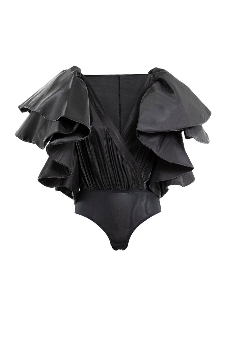 Saiid Kobeisy Deep V-Neck Ruffled Satin Bodysuit