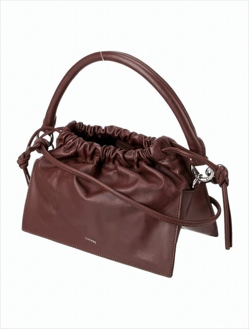 Yuzefi Rectangular Brown Leather Crossbody Bag With Ruched Closure