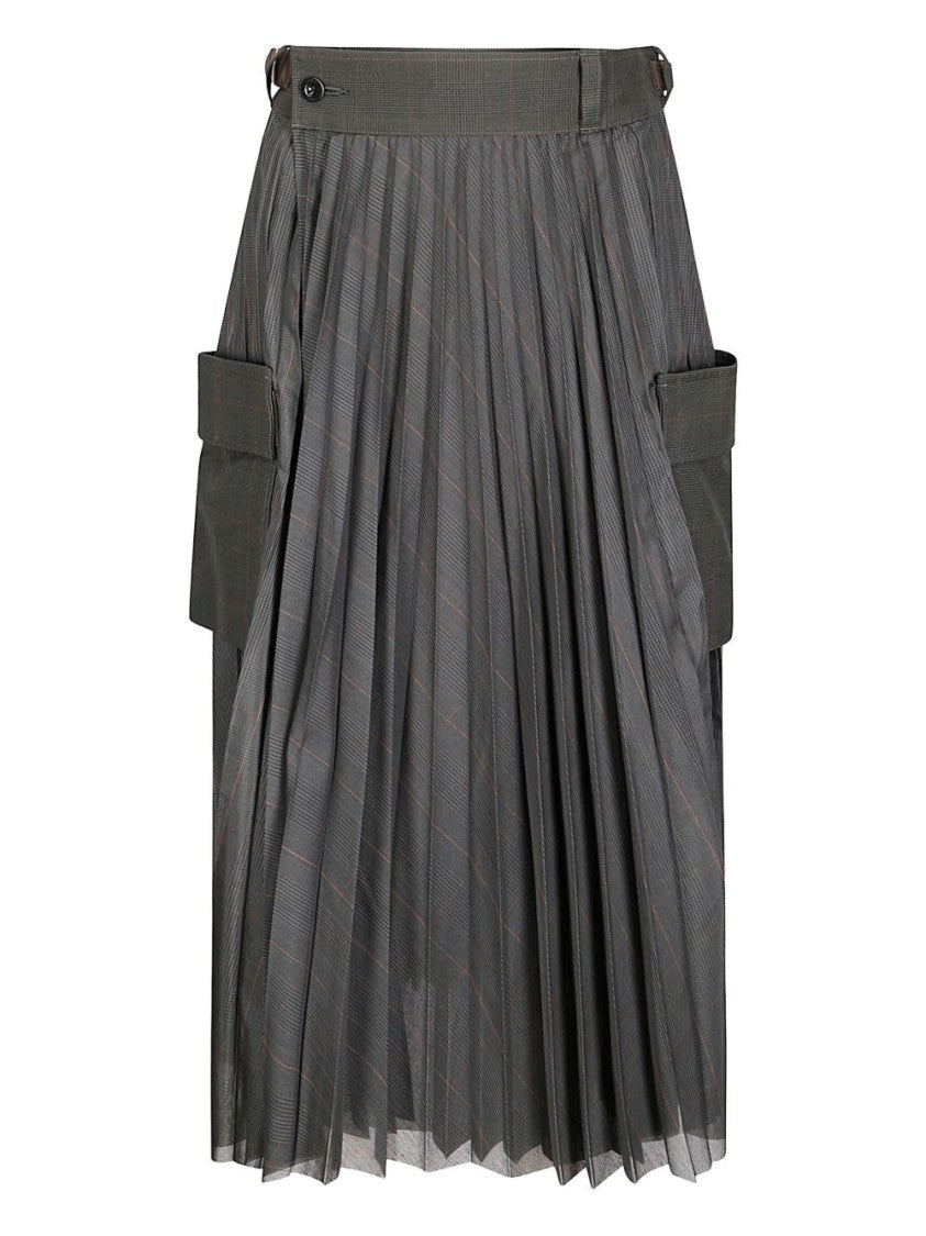 Sacai Glen-Check Midi Skirt With Pleated Design And Belted Waist