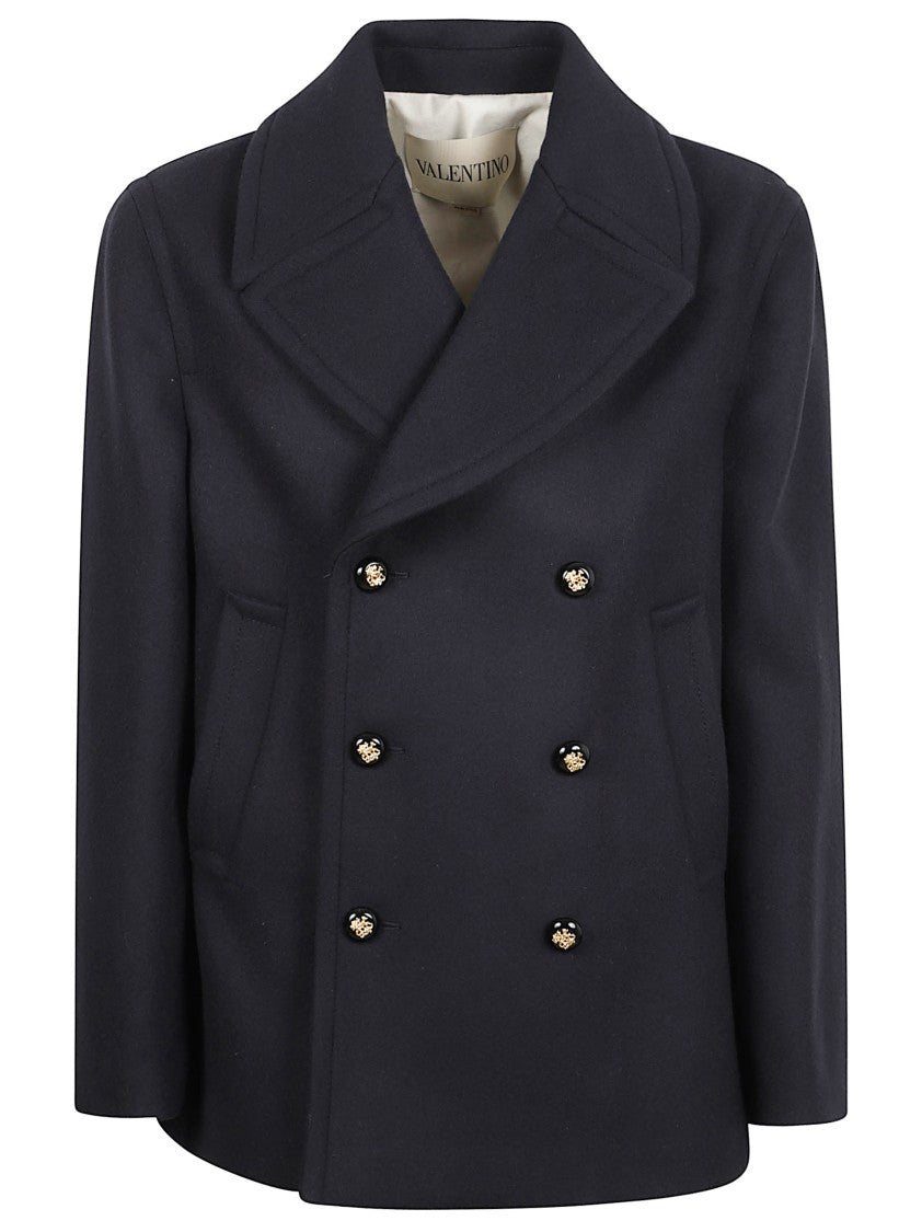 Valentino Garavani Double-Breasted Short-Cut Coat With Jewel Button Closure