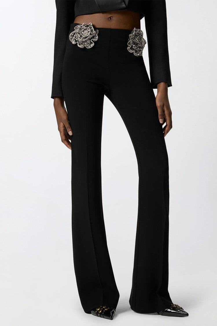 Pinko Black Crystal Rose Appliques Viscose-Blend Flared Pants