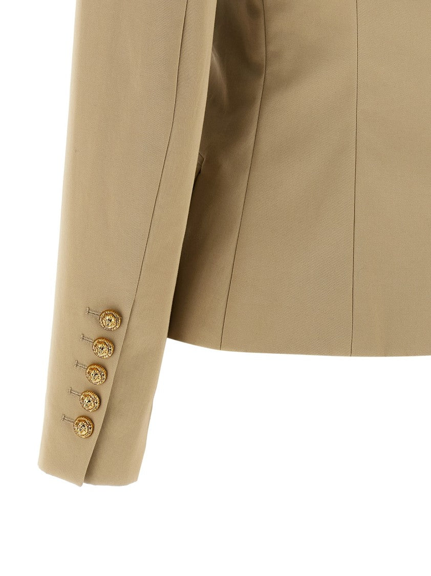 Balmain Brown Double-Breasted Cotton Gabardine Blazer With Lion Head Buttons