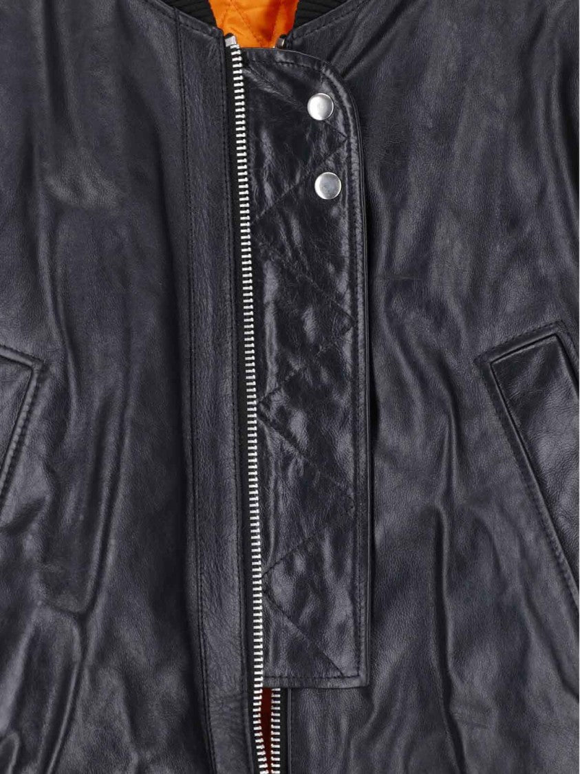 Sunflower Black Leather Ribbed Details Bomber Jacket