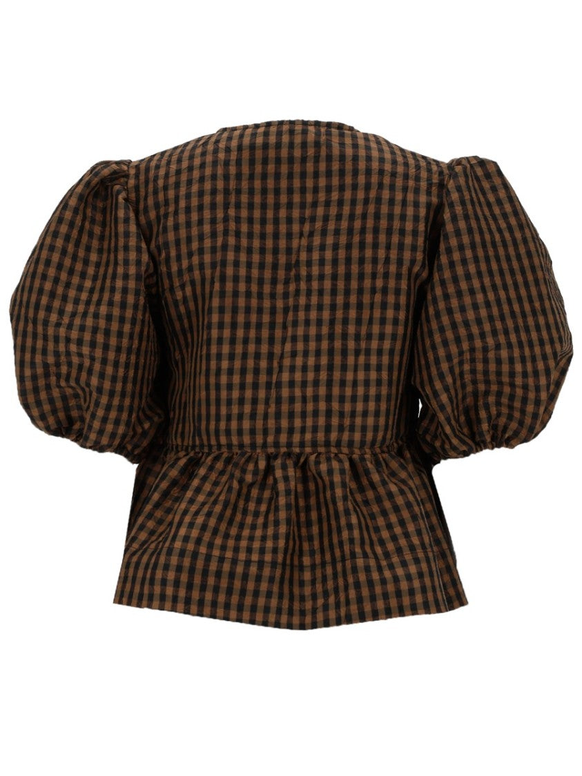 Ganni Peplum Recycled Polyester Checkered Blouse