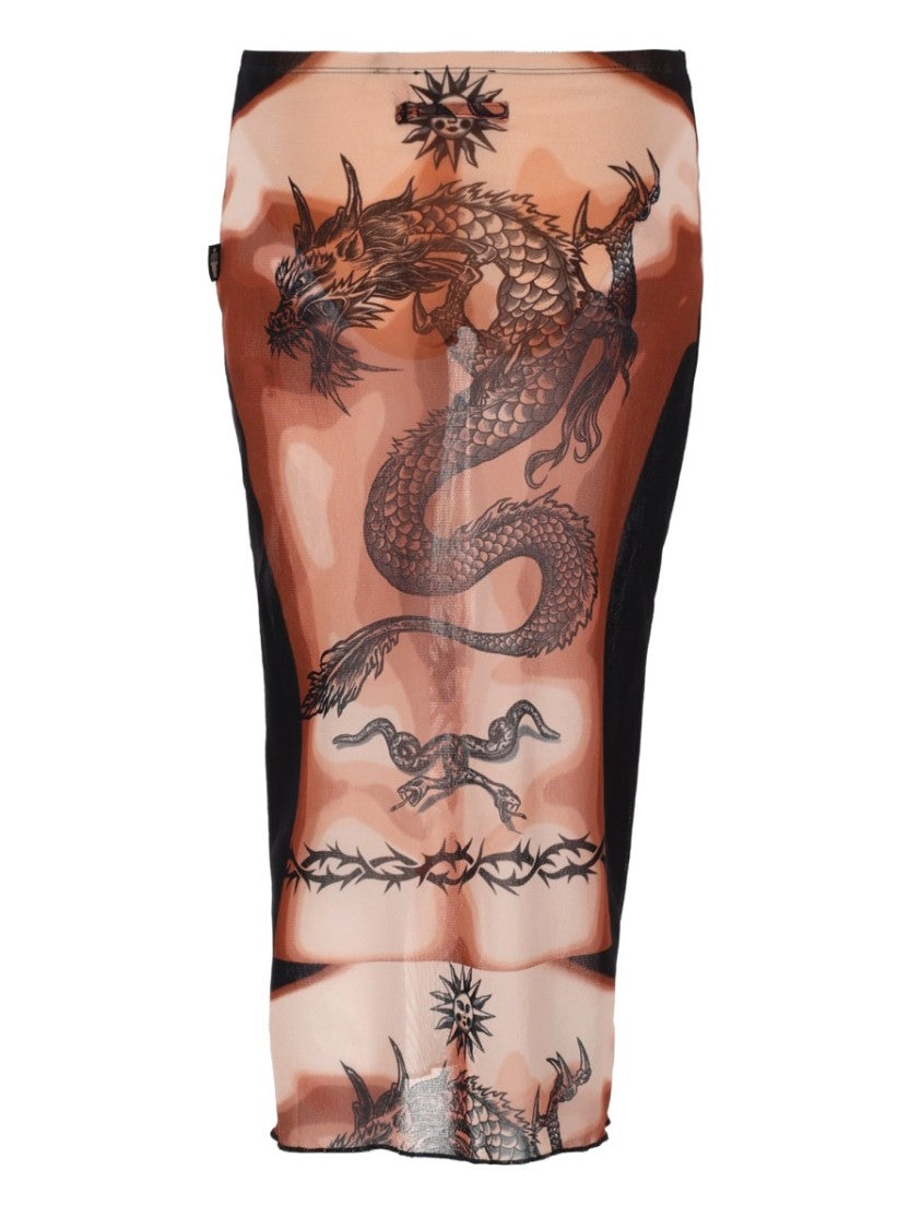 Jean Paul Gaultier Skin-Tone Polyamide Tattoo Midi Skirt