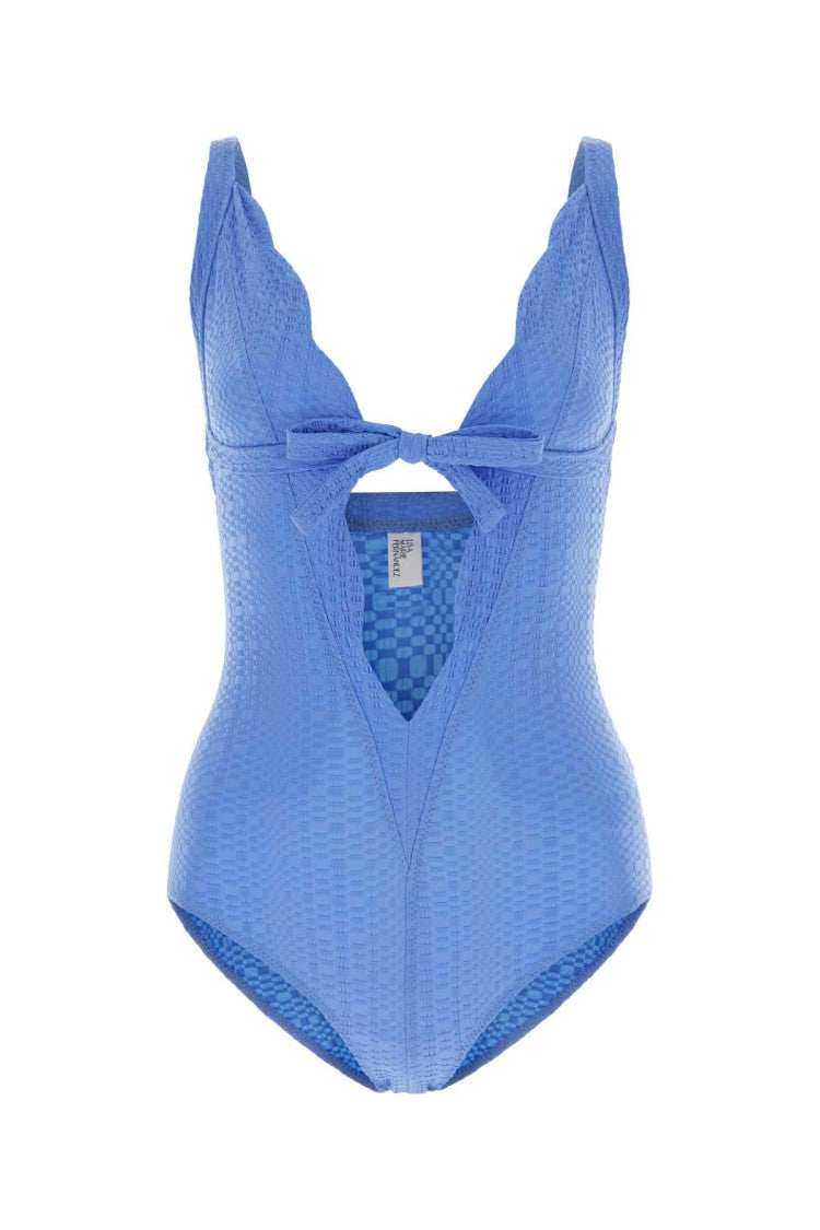 Lisa Marie Fernandez Cerulean Blue Stretch Seersucker Scallop Bow Swimsuit