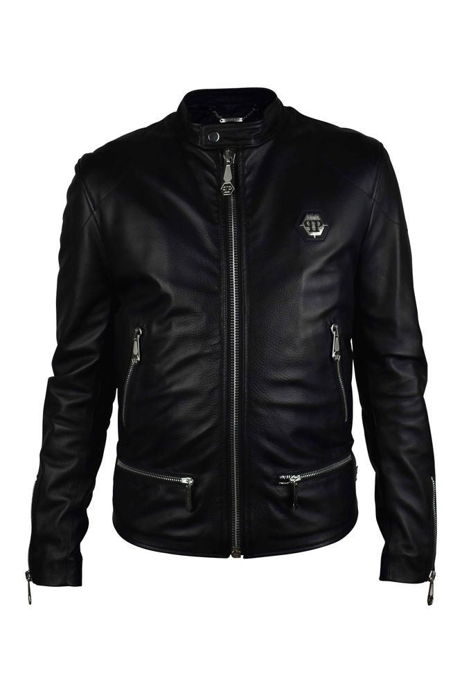 Philipp Plein Black Grained Leather Biker Jacket