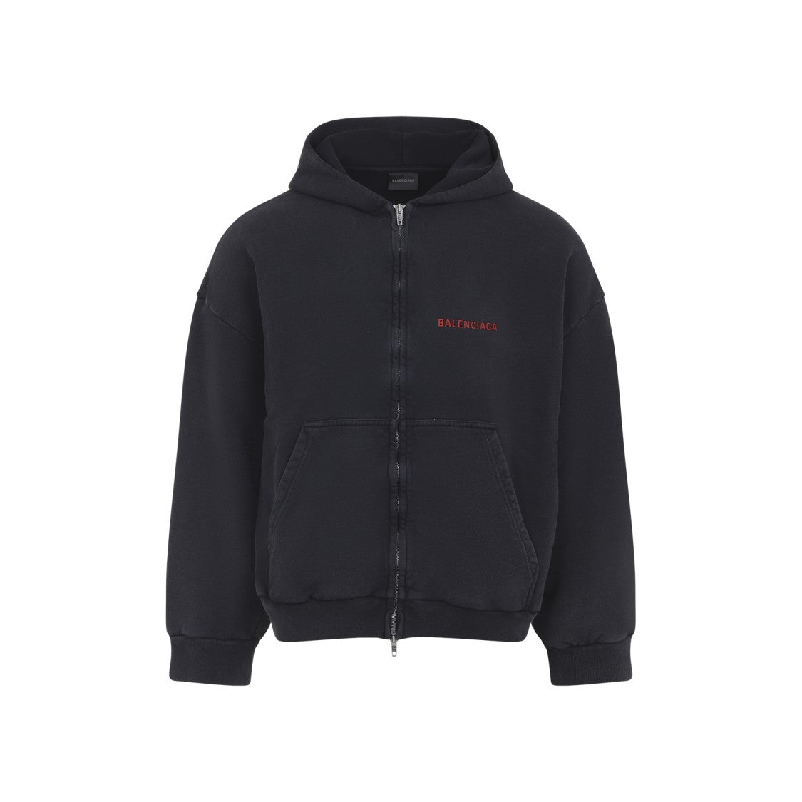 Balenciaga Faded Black Fleece Zip-Up Hoodie With Contrasting Logo