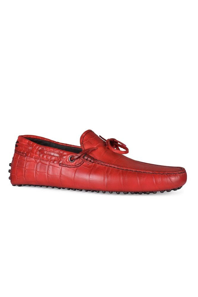 Tod's Red Leather Crocodile Effect Loafers With Laces