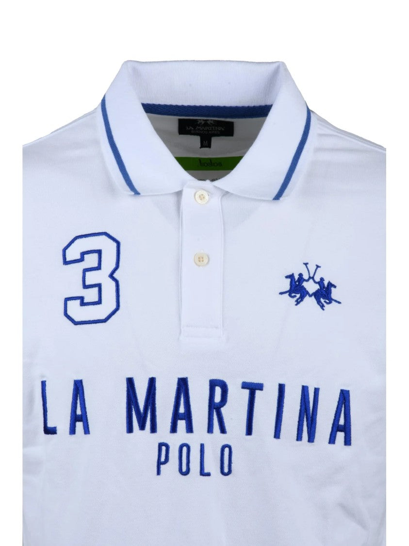 La Martina White Blue Cotton Elastane Polo