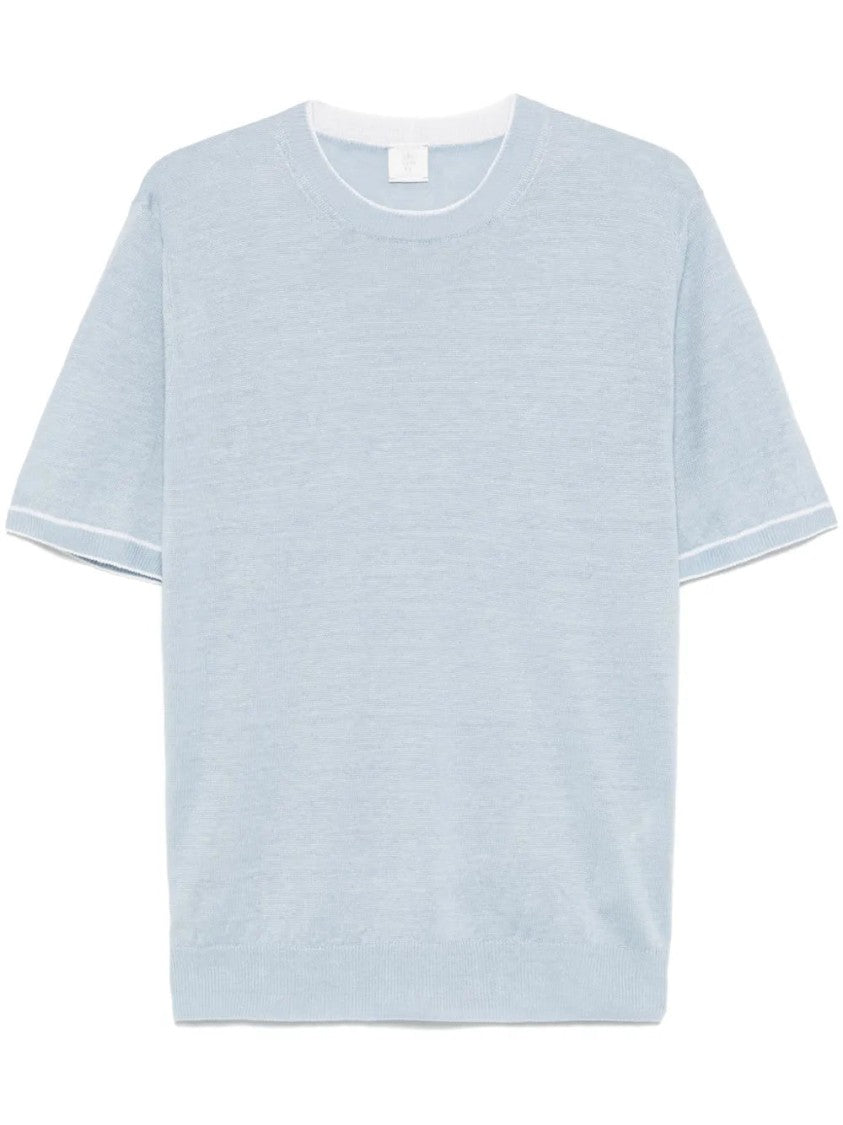 Eleventy Baby Blue T-Shirt With Striped Trim