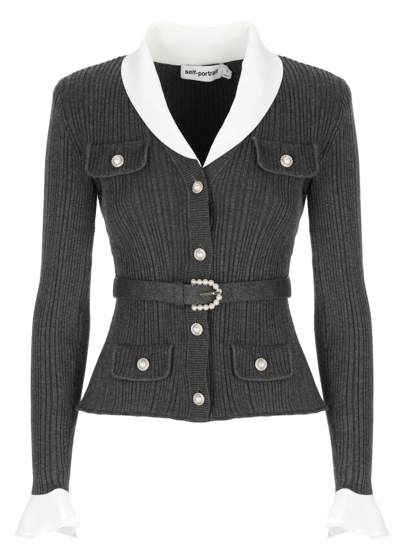 Self-Portrait Grey Ribbed Knit Belted Cardigan